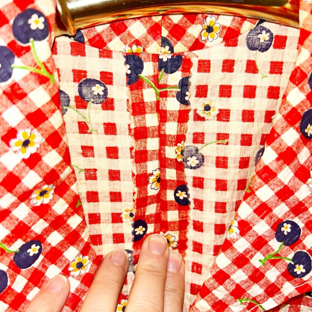 VINTAGE Handmade Seersucker Gingham & Blueberries Collared Mini Dress SZ: SMALL - Picture 8 of 11